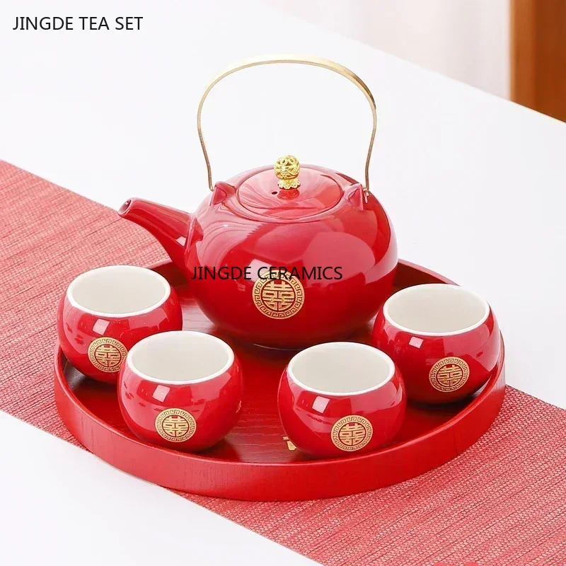 Korean Tea Set - Red Ceramic Tea Set, Chinese Wedding